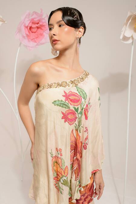 Buy_Preeti Mehta_Cream Viscose Sequins, Beads, Embroidery One Shoulder Floral Print Top With Pant 