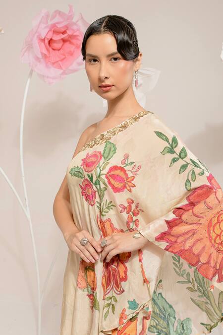 Shop_Preeti Mehta_Cream Viscose Sequins, Beads, Embroidery One Shoulder Floral Print Top With Pant 