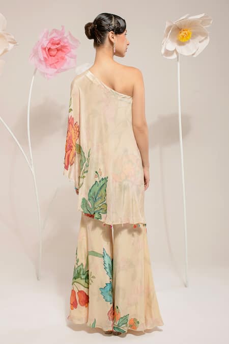 Preeti Mehta_Cream Viscose Sequins, Beads, Embroidery One Shoulder Floral Print Top With Pant _Online_at_Aza_Fashions
