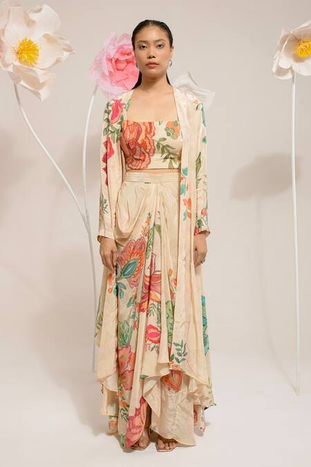 Buy_Preeti Mehta_Cream Viscose Beads, Sequins, Embroidery Floral Print Cape And Draped Skirt Set _Online_at_Aza_Fashions