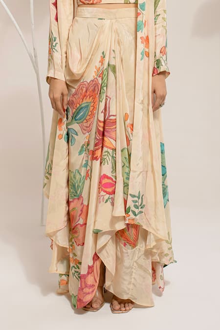 Shop_Preeti Mehta_Cream Viscose Beads, Sequins, Embroidery Floral Print Cape And Draped Skirt Set _Online_at_Aza_Fashions