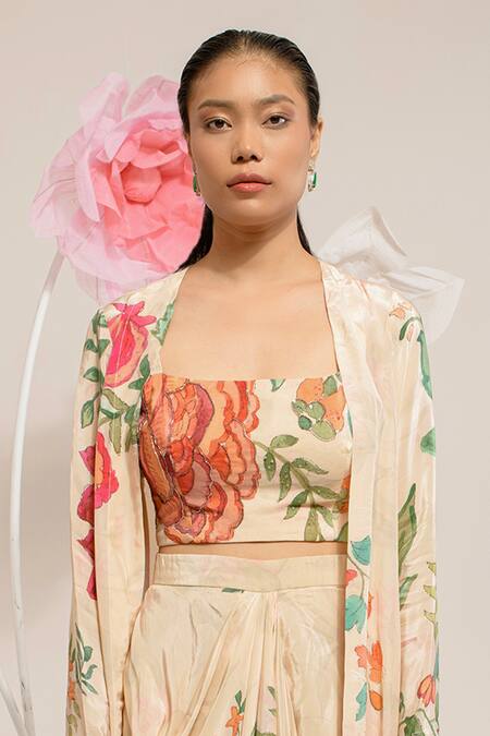 Preeti Mehta_Cream Viscose Beads, Sequins, Embroidery Floral Print Cape And Draped Skirt Set _at_Aza_Fashions