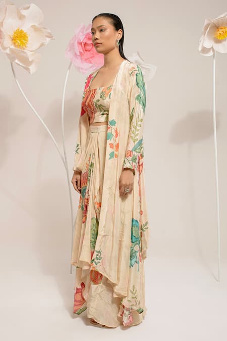 Buy_Preeti Mehta_Cream Viscose Beads, Sequins, Embroidery Floral Print Cape And Draped Skirt Set 