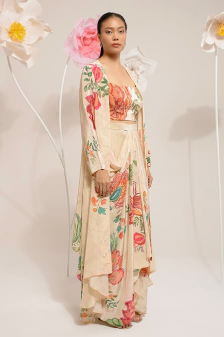Shop_Preeti Mehta_Cream Viscose Beads, Sequins, Embroidery Floral Print Cape And Draped Skirt Set 