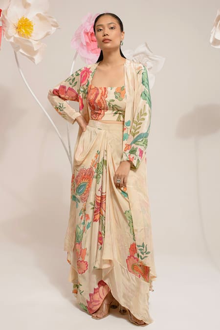 PREETI MEHTA Cream 100% Viscose Printed Floral Square Cape And Draped Skirt Set 