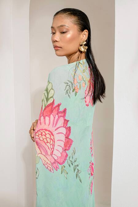 Buy_Preeti Mehta_Green Georgette, Polyester Embroidery, Beads, Floral Print Cape And Palazzo Set _Online_at_Aza_Fashions