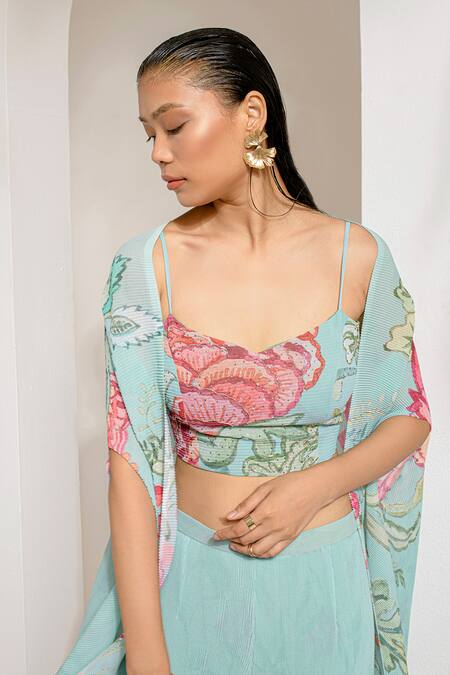 Shop_Preeti Mehta_Green Georgette, Polyester Embroidery, Beads, Floral Print Cape And Palazzo Set _Online_at_Aza_Fashions