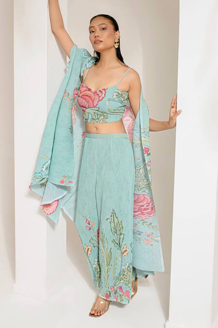 Preeti Mehta_Green Georgette, Polyester Embroidery, Beads, Floral Print Cape And Palazzo Set _at_Aza_Fashions