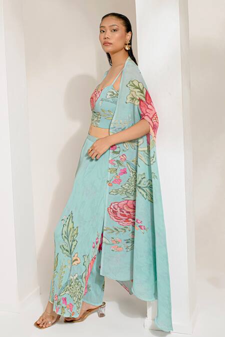 Buy_Preeti Mehta_Green Georgette, Polyester Embroidery, Beads, Floral Print Cape And Palazzo Set 