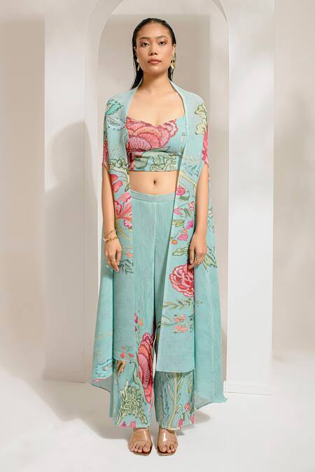 Shop_Preeti Mehta_Green Georgette, Polyester Embroidery, Beads, Floral Print Cape And Palazzo Set 