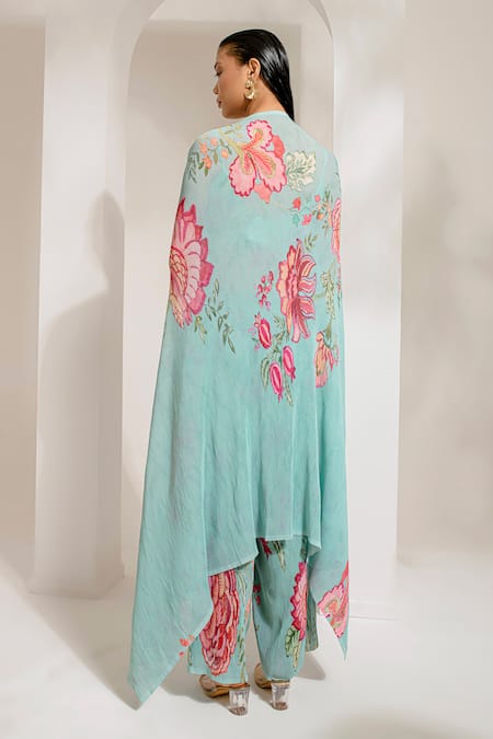 Preeti Mehta_Green Georgette, Polyester Embroidery, Beads, Floral Print Cape And Palazzo Set _Online_at_Aza_Fashions