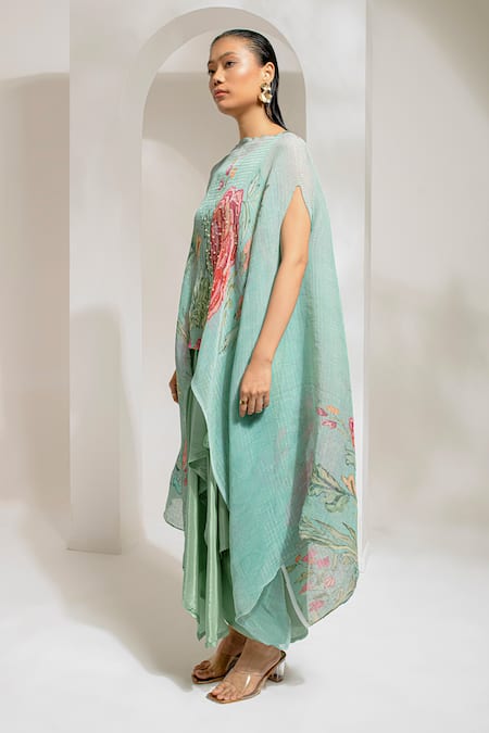 Buy_Preeti Mehta_Green Viscose, Polyester Embroidery, Pearls Floral Print Kaftan With Dhoti Pant _Online_at_Aza_Fashions