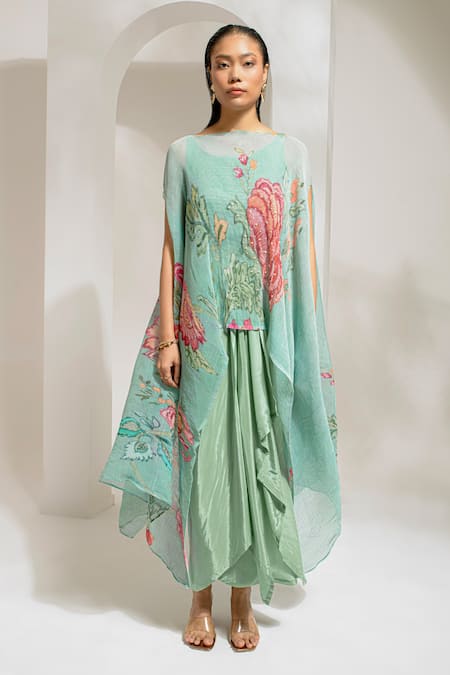 Shop_Preeti Mehta_Green Viscose, Polyester Embroidery, Pearls Floral Print Kaftan With Dhoti Pant _Online_at_Aza_Fashions