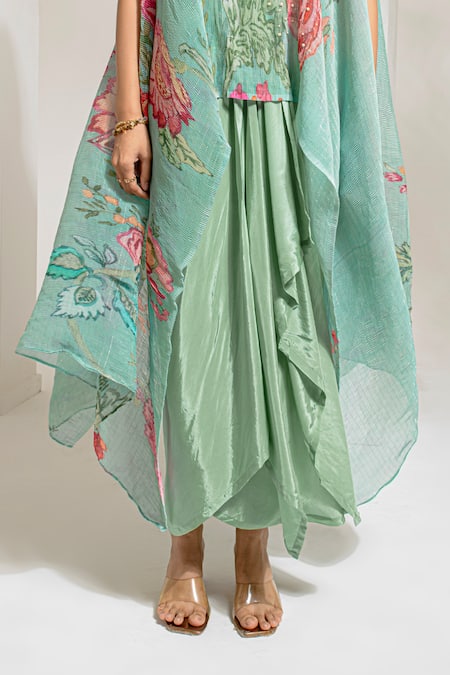 Preeti Mehta_Green Viscose, Polyester Embroidery, Pearls Floral Print Kaftan With Dhoti Pant _at_Aza_Fashions