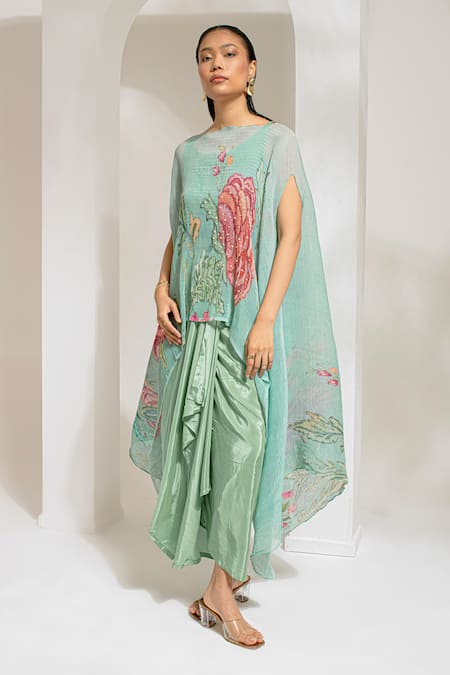 Buy_Preeti Mehta_Green Viscose, Polyester Embroidery, Pearls Floral Print Kaftan With Dhoti Pant 