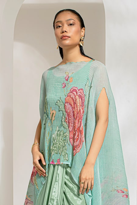Shop_Preeti Mehta_Green Viscose, Polyester Embroidery, Pearls Floral Print Kaftan With Dhoti Pant 