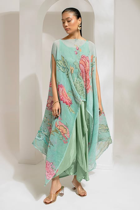 PREETI MEHTA Green Lurex Chinon In 60% Printed Floral Boat Kaftan With Dhoti Pant 