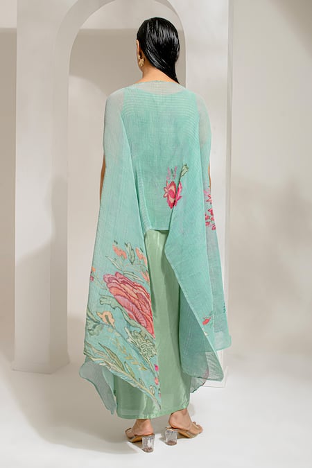 Preeti Mehta_Green Viscose, Polyester Embroidery, Pearls Floral Print Kaftan With Dhoti Pant _Online_at_Aza_Fashions