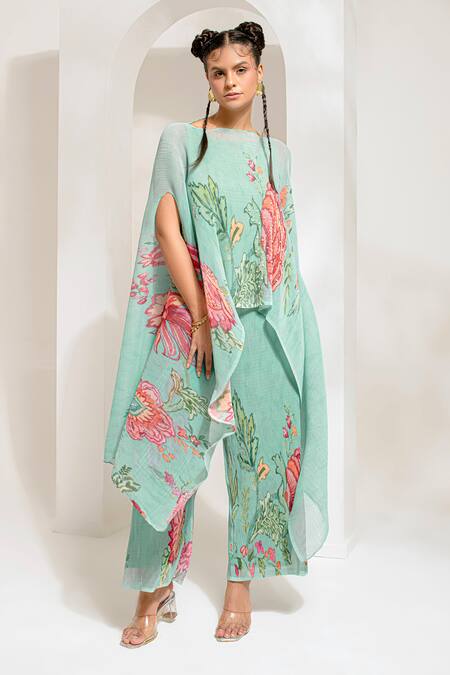 Buy_Preeti Mehta_Green Polyester, Lurex Embroidery, Pearls Boat Floral Print Kaftan With Pant _Online_at_Aza_Fashions