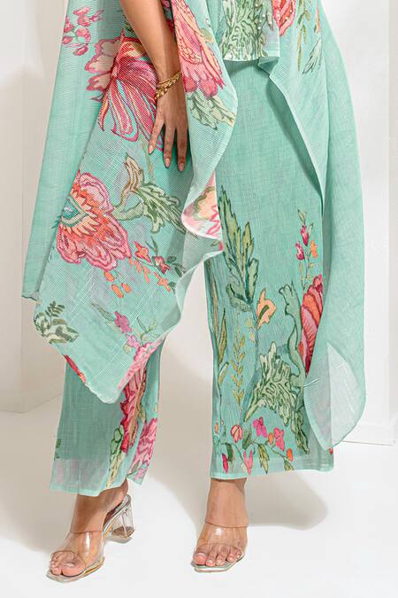 Shop_Preeti Mehta_Green Polyester, Lurex Embroidery, Pearls Boat Floral Print Kaftan With Pant _Online_at_Aza_Fashions