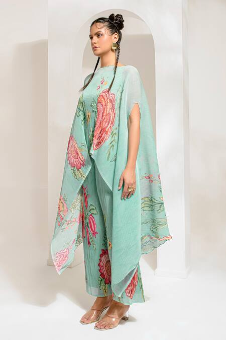 Preeti Mehta_Green Polyester, Lurex Embroidery, Pearls Boat Floral Print Kaftan With Pant _at_Aza_Fashions
