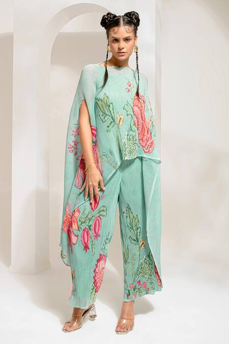 Buy_Preeti Mehta_Green Polyester, Lurex Embroidery, Pearls Boat Floral Print Kaftan With Pant 