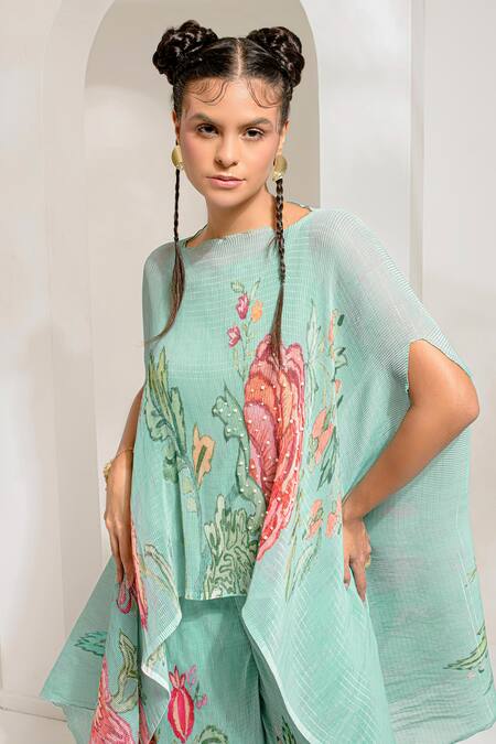 Shop_Preeti Mehta_Green Polyester, Lurex Embroidery, Pearls Boat Floral Print Kaftan With Pant 