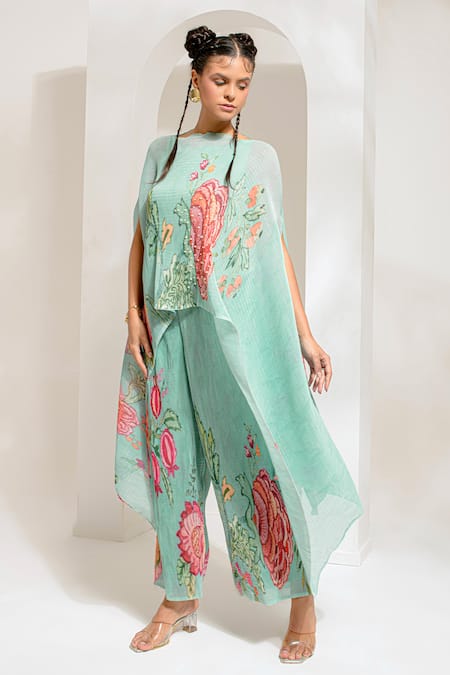 Preeti Mehta_Green Polyester, Lurex Embroidery, Pearls Boat Floral Print Kaftan With Pant _Online_at_Aza_Fashions