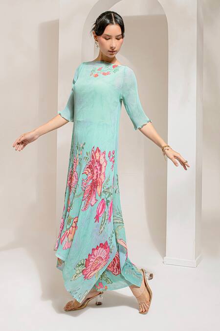 Shop Preeti Mehta Green Georgette, Polyester Embroidery, Pearls Boat Neck Work Kurta With Pant Online at Aza Fashions Shop_Preeti Mehta_Green Georgette, Polyester Embroidery, Pearls Boat Neck Work Kurta With Pant _Online_at_Aza_Fashions