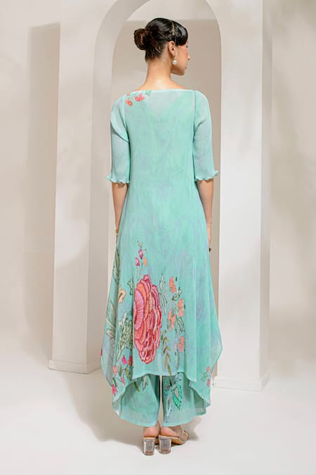 Shop Preeti Mehta Green Georgette, Polyester Embroidery, Pearls Boat Neck Work Kurta With Pant at Aza Fashions Shop_Preeti Mehta_Green Georgette, Polyester Embroidery, Pearls Boat Neck Work Kurta With Pant _at_Aza_Fashions