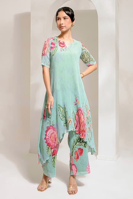 Buy Preeti Mehta Green Georgette, Polyester Pearls Split V-neck Work Asymmetric Kurta With Pant Online at Aza Fashions Buy_Preeti Mehta_Green Georgette, Polyester Pearls Split V-neck Work Asymmetric Kurta With Pant _Online_at_Aza_Fashions