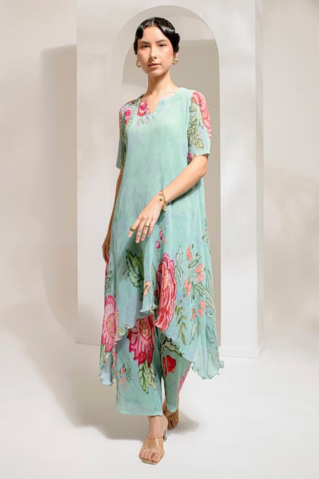 Shop Preeti Mehta Green Georgette, Polyester Pearls Split V-neck Work Asymmetric Kurta With Pant Online at Aza Fashions Shop_Preeti Mehta_Green Georgette, Polyester Pearls Split V-neck Work Asymmetric Kurta With Pant _Online_at_Aza_Fashions