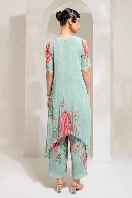 Shop Preeti Mehta Green Georgette, Polyester Pearls Split V-neck Work Asymmetric Kurta With Pant at Aza Fashions Shop_Preeti Mehta_Green Georgette, Polyester Pearls Split V-neck Work Asymmetric Kurta With Pant _at_Aza_Fashions