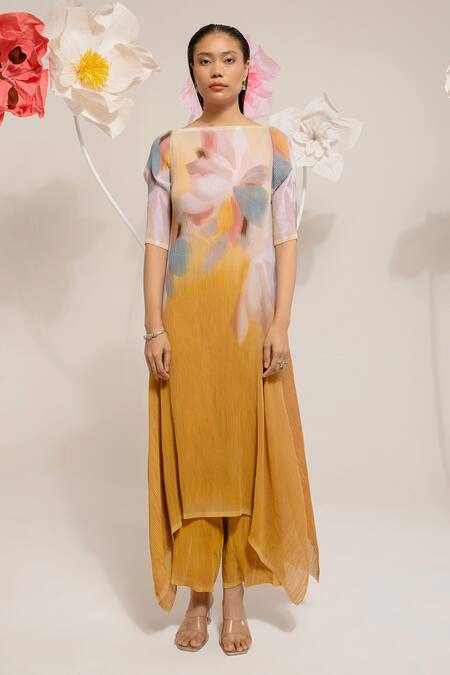 Buy Preeti Mehta Yellow Georgette, Polyester Boat Neck Flora Print Kurta With Pant Online at Aza Fashions Buy_Preeti Mehta_Yellow Georgette, Polyester Boat Neck Flora Print Kurta With Pant _Online_at_Aza_Fashions