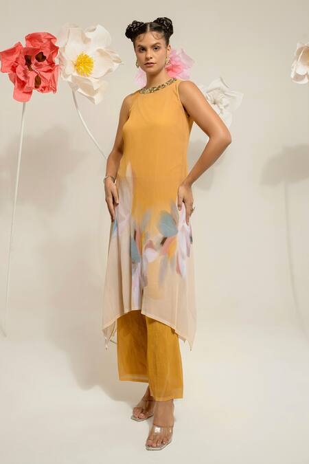 Buy Preeti Mehta Yellow Georgette, Polyester Sequins, Beads Round Embroidered Kurta With Pant Online at Aza Fashions Buy_Preeti Mehta_Yellow Georgette, Polyester Sequins, Beads Round Embroidered Kurta With Pant _Online_at_Aza_Fashions