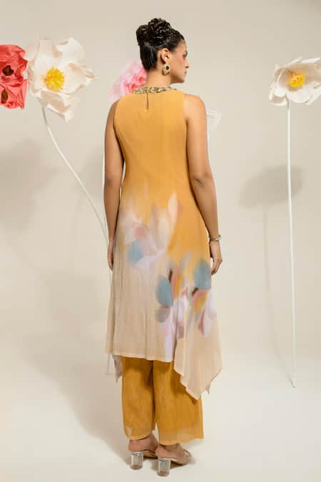 Preeti Mehta Yellow Georgette, Polyester Sequins, Beads Round Embroidered Kurta With Pant Online at Aza Fashions Preeti Mehta_Yellow Georgette, Polyester Sequins, Beads Round Embroidered Kurta With Pant _Online_at_Aza_Fashions