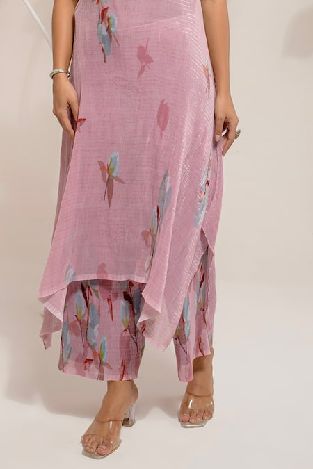 Buy_Preeti Mehta_Pink Lurex, Polyester Boat Neck Lotus Print Kurta With Pant _Online_at_Aza_Fashions