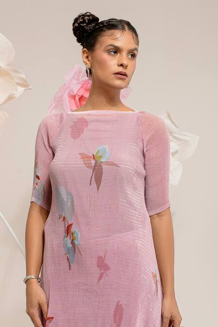 Shop_Preeti Mehta_Pink Lurex, Polyester Boat Neck Lotus Print Kurta With Pant _Online_at_Aza_Fashions