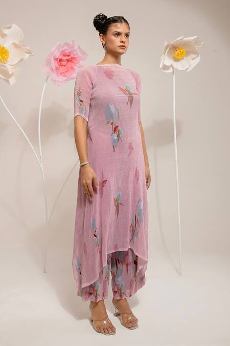 Shop_Preeti Mehta_Pink Lurex, Polyester Boat Neck Lotus Print Kurta With Pant 