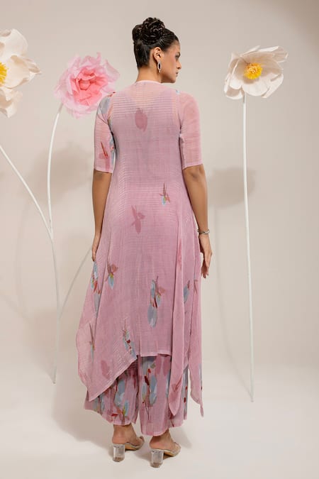 Shop_Preeti Mehta_Pink Lurex, Polyester Boat Neck Lotus Print Kurta With Pant _at_Aza_Fashions
