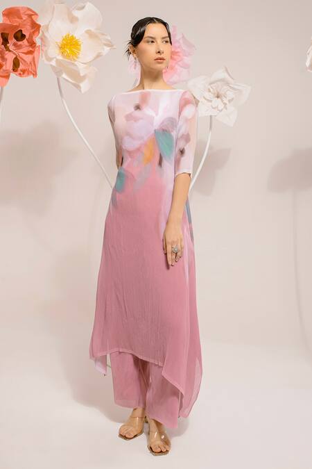 Buy Preeti Mehta Pink Polyester, Georgette Embroidery Boat Neck Faded Flora Print Kurta With Pant Online at Aza Fashions Buy_Preeti Mehta_Pink Polyester, Georgette Embroidery Boat Neck Faded Flora Print Kurta With Pant _Online_at_Aza_Fashions