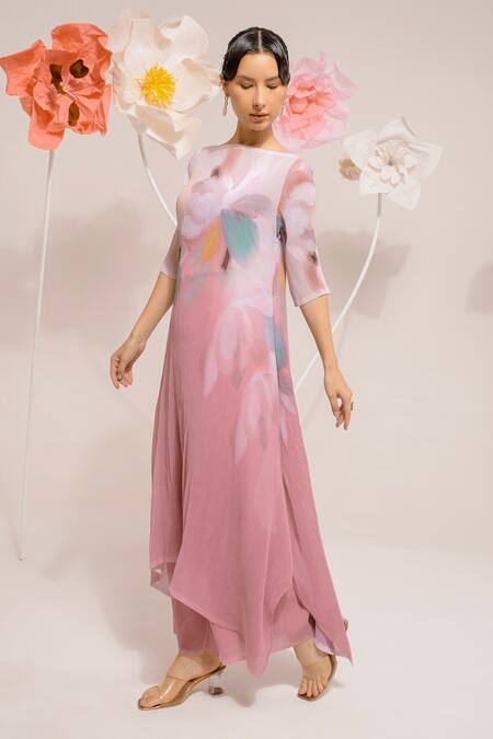 Shop Preeti Mehta Pink Polyester, Georgette Embroidery Boat Neck Faded Flora Print Kurta With Pant Online at Aza Fashions Shop_Preeti Mehta_Pink Polyester, Georgette Embroidery Boat Neck Faded Flora Print Kurta With Pant _Online_at_Aza_Fashions