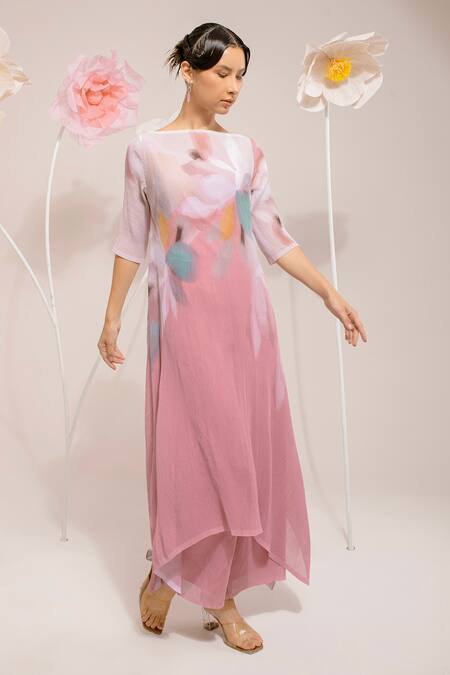 Preeti Mehta Pink Polyester, Georgette Embroidery Boat Neck Faded Flora Print Kurta With Pant at Aza Fashions Preeti Mehta_Pink Polyester, Georgette Embroidery Boat Neck Faded Flora Print Kurta With Pant _at_Aza_Fashions