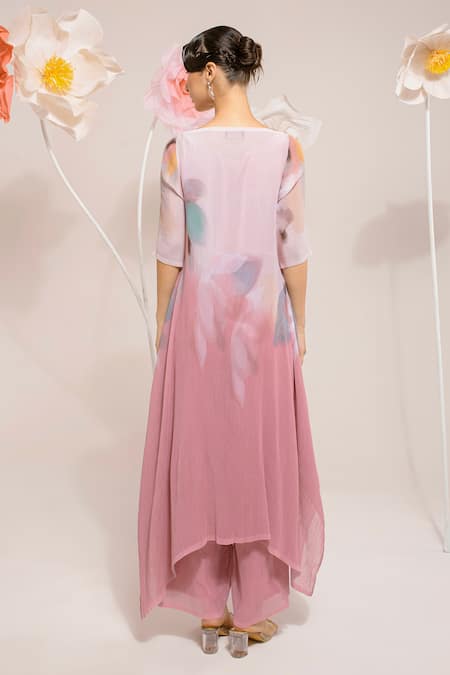 Shop Preeti Mehta Pink Polyester, Georgette Embroidery Boat Neck Faded Flora Print Kurta With Pant at Aza Fashions Shop_Preeti Mehta_Pink Polyester, Georgette Embroidery Boat Neck Faded Flora Print Kurta With Pant _at_Aza_Fashions