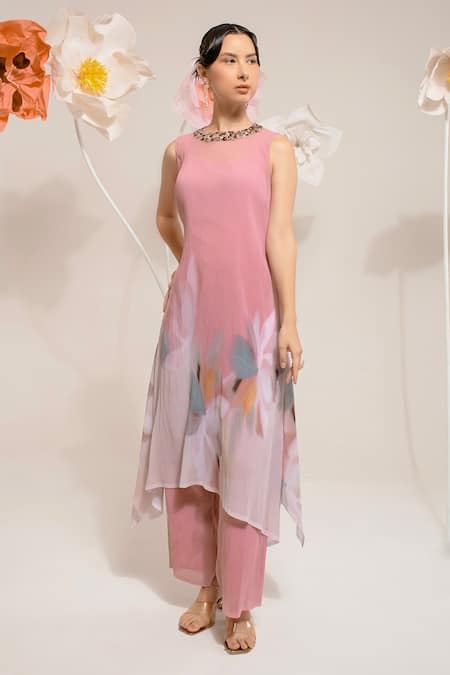 Shop Preeti Mehta Pink Georgette, Polyester Sequins, Beads Round Neck Embroidered Kurta With Pant Online at Aza Fashions Shop_Preeti Mehta_Pink Georgette, Polyester Sequins, Beads Round Neck Embroidered Kurta With Pant _Online_at_Aza_Fashions