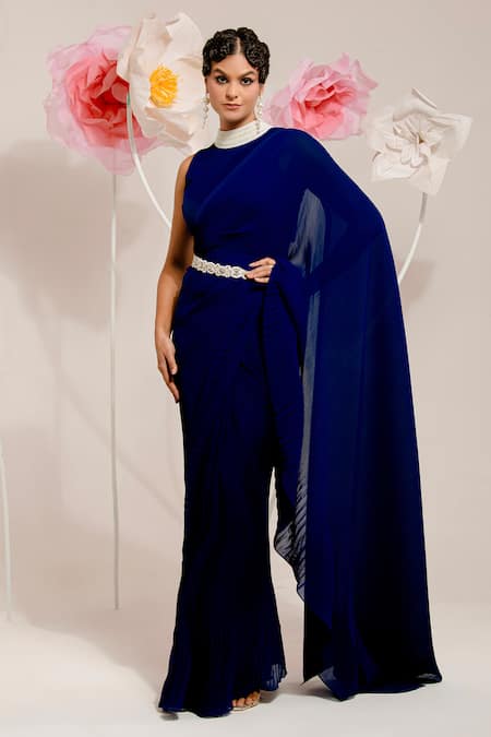 Preeti Mehta Blue Georgette, Polyester Beads, Pearls Round Pleated Fabric Saree With Blouse Online at Aza Fashions Preeti Mehta_Blue Georgette, Polyester Beads, Pearls Round Pleated Fabric Saree With Blouse _Online_at_Aza_Fashions