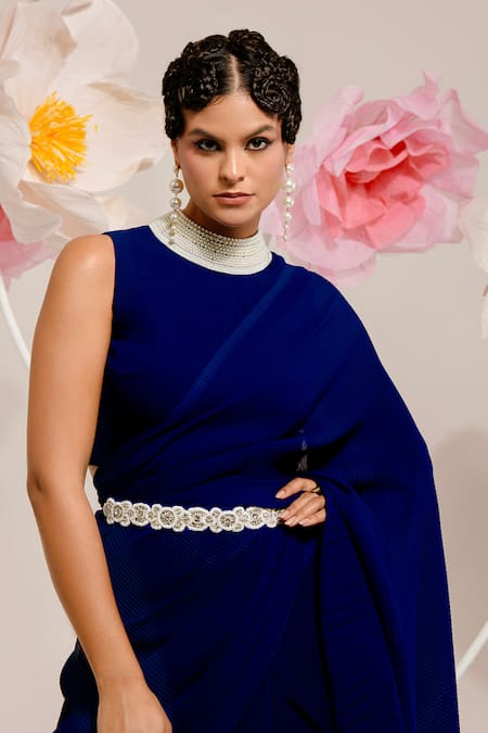 Buy Preeti Mehta Blue Georgette, Polyester Beads, Pearls Round Pleated Fabric Saree With Blouse Online at Aza Fashions Buy_Preeti Mehta_Blue Georgette, Polyester Beads, Pearls Round Pleated Fabric Saree With Blouse _Online_at_Aza_Fashions