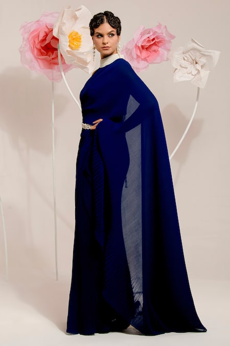 Shop Preeti Mehta Blue Georgette, Polyester Beads, Pearls Round Pleated Fabric Saree With Blouse Online at Aza Fashions Shop_Preeti Mehta_Blue Georgette, Polyester Beads, Pearls Round Pleated Fabric Saree With Blouse _Online_at_Aza_Fashions
