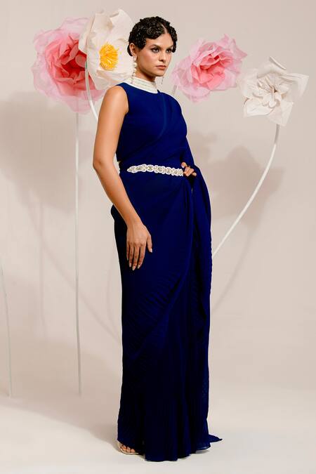 Preeti Mehta Blue Georgette, Polyester Beads, Pearls Round Pleated Fabric Saree With Blouse at Aza Fashions Preeti Mehta_Blue Georgette, Polyester Beads, Pearls Round Pleated Fabric Saree With Blouse _at_Aza_Fashions