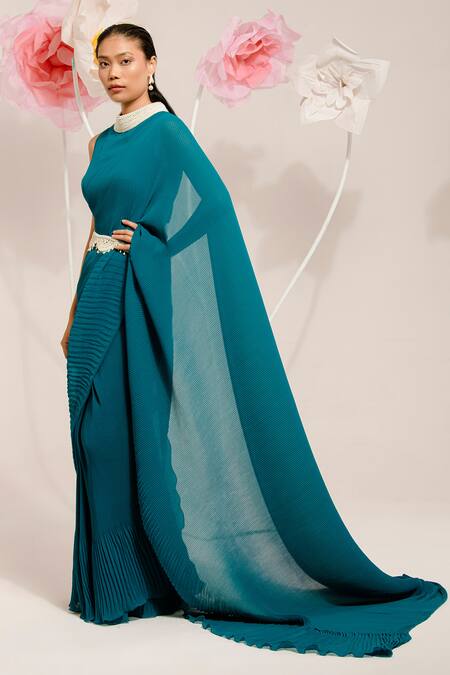 Preeti Mehta Green Georgette, Polyester Beads, Pearls, Accordion Pleated Saree With Blouse Online at Aza Fashions Preeti Mehta_Green Georgette, Polyester Beads, Pearls, Accordion Pleated Saree With Blouse _Online_at_Aza_Fashions